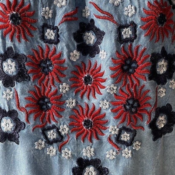 VTG 90s Rainforest Cafe Blue Chambray Floral Red Embroidered Dress Women’s S - Picture 5 of 10